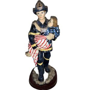 Patriotic Fireman Firefighter Carrying Child Figurine- 2002